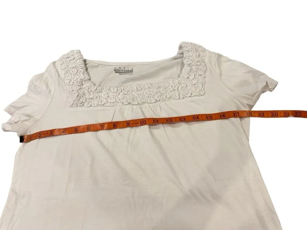 Basic Editions White Ruched Square Neck Short Sleeve Top Cottagecore Casual
